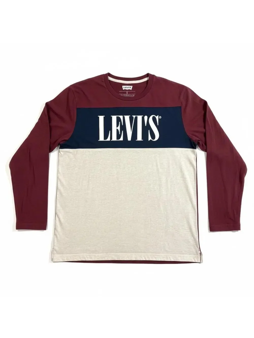 Levi’s Shirt Mens Large Burgundy Navy Colorblock Long Sleeve Logo Crewneck Tee